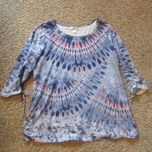 Christopher & Banks XL Blue Pink Tye Dye Look Cinched 3/4 Sleeve Knit Top